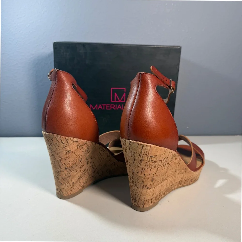 Material Girl Wedge Sandals Brown Cork Ankle Strap. Size 10.5